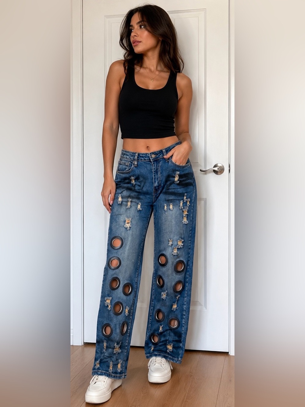 Upcycled  Distressed and groomet and paint detail  Blue Jeans size 12